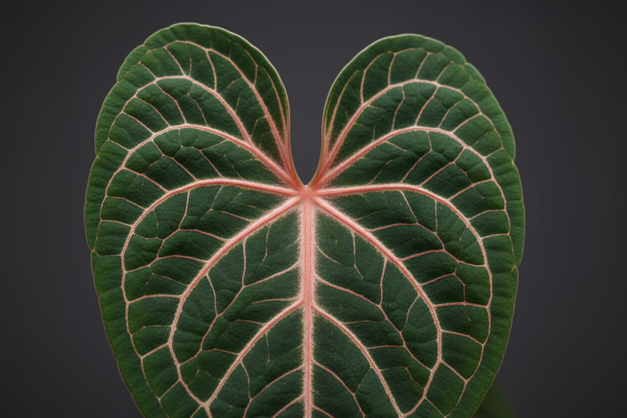 a close up of an anthurium leaf with contrasting light red veins with a dark grey background