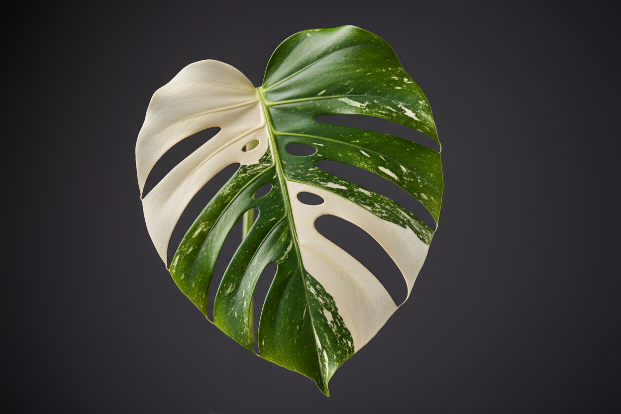 variegated monstera leaf, dark grey background 